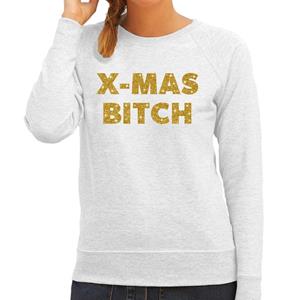Bellatio Kersttrui Christmas Bitch gouden glitter letters grijs dames Grijs
