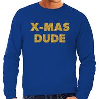 Bellatio Foute Kersttrui x-mas dude gouden glitter letters blauw heren Blauw
