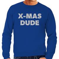 Bellatio Foute Kersttrui x-mas dude zilveren glitter letters blauw heren Blauw