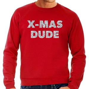 Bellatio Foute Kersttrui x-mas dude zilveren glitter letters rood heren (48) Rood