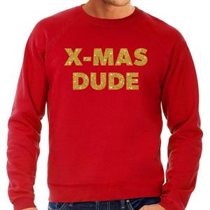 Bellatio Foute Kersttrui x-mas dude gouden glitter letters rood heren (48) Rood