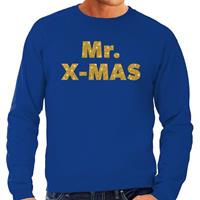 Bellatio Foute Kersttrui Mr. x-mas gouden glitter letters blauw heren Blauw