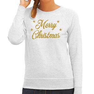 Bellatio Kersttrui Merry Christmas gouden glitter letters grijs dames Grijs