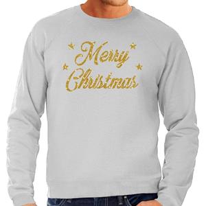 Bellatio Kersttrui Merry Christmas gouden glitter letters grijs heren (48) Grijs