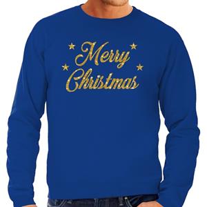 Bellatio Kersttrui Merry Christmas gouden glitter letters blauw heren (48) Blauw