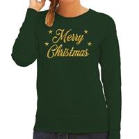Bellatio Kersttrui Merry Christmas gouden glitter letters groen dames (44) Groen