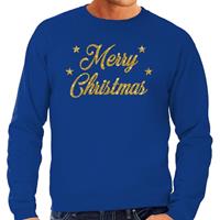 Bellatio Kersttrui Merry Christmas gouden glitter letters blauw heren Blauw