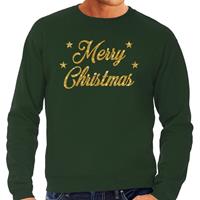 Bellatio Kersttrui Merry Christmas gouden glitter letters groen heren Groen