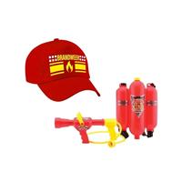 Brandweer met vlam verkleed pet en brandblusser waterpistool Rood
