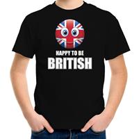Bellatio Verenigd Koninkrijk emoticon Happy to be British landen t-shirt zwart kinderen - Feestshirts