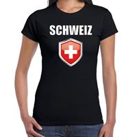 Bellatio Zwitserland landen supporter t-shirt met Zwitserse vlag schild zwart dames - Feestshirts