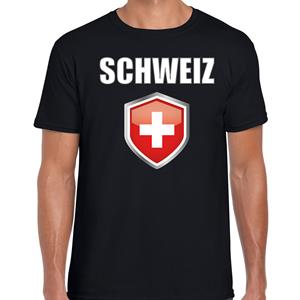 Bellatio Zwitserland landen supporter t-shirt met Zwitserse vlag schild zwart heren - Feestshirts