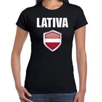 Bellatio Letland landen supporter t-shirt met Letse vlag schild zwart dames - Feestshirts
