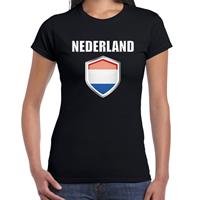 Bellatio Nederland landen supporter t-shirt met Nederlandse vlag schild zwart dames - Feestshirts