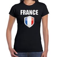 Bellatio Frankrijk landen supporter t-shirt met Franse vlag schild zwart dames - Feestshirts