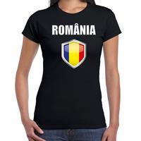 Bellatio Roemenie landen supporter t-shirt met Roemeense vlag schild zwart dames - Feestshirts