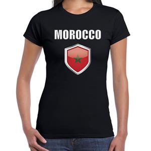 Bellatio Marokko landen supporter t-shirt met Marokkaanse vlag schild zwart dames - Feestshirts