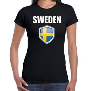 Bellatio Zweden landen supporter t-shirt met Zweedse vlag schild zwart dames - Feestshirts