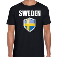 Bellatio Zweden landen supporter t-shirt met Zweedse vlag schild zwart heren - Feestshirts