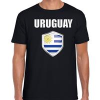 Bellatio Uruguay landen supporter t-shirt met Uruguayaanse vlag schild zwart heren - Feestshirts