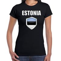 Bellatio Estland landen supporter t-shirt met Estlandse vlag schild zwart dames - Feestshirts