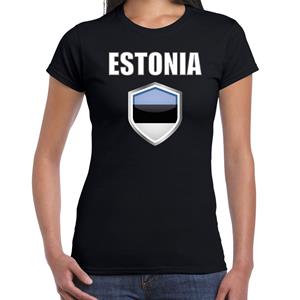 Bellatio Estland landen supporter t-shirt met Estlandse vlag schild zwart dames - Feestshirts