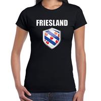 Bellatio Friesland supporter t-shirt met Friese vlag schild zwart dames - Feestshirts
