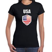 Bellatio USA landen supporter t-shirt met Amerikaanse vlag schild zwart dames - Feestshirts