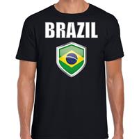Bellatio Brazilie landen supporter t-shirt met Braziliaanse vlag schild zwart heren - Feestshirts