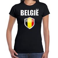 Bellatio Belgie landen supporter t-shirt met Belgische vlag schild zwart dames - Feestshirts