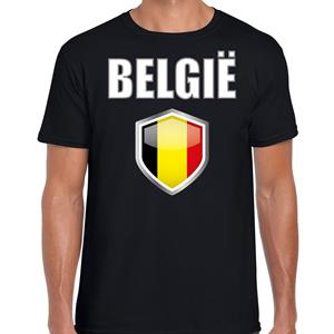 Bellatio Belgie landen supporter t-shirt met Belgische vlag schild zwart heren - Feestshirts