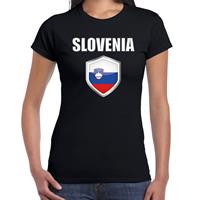 Bellatio Slovenie landen supporter t-shirt met Sloveense vlag schild zwart dames - Feestshirts