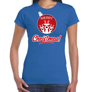 Bellatio Merry Christmas Kerstshirt / Kerst t-shirt blauw voor dames