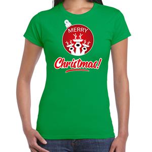 Bellatio Merry Christmas Kerstshirt / Kerst t-shirt groen voor dames