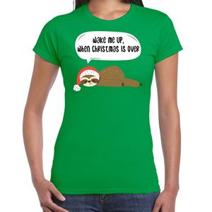 Bellatio Luiaard Kerst t-shirt / outfit Wake me up when christmas is over groen voor dames