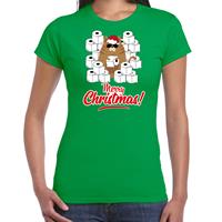 Bellatio Fout Kerst t-shirt / outfit met hamsterende kat Merry Christmas groen voor dames