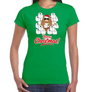 Bellatio Fout Kerst t-shirt / outfit met hamsterende kat Merry Christmas groen voor dames