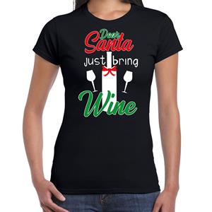 Bellatio Dear Santa just bring wine drank Kerstshirt / outfit zwart voor dames