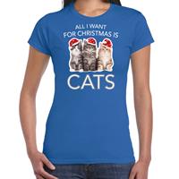 Bellatio Kitten Kerst t-shirt / outfit All i want for Christmas is cats blauw voor dames