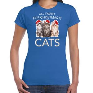 Bellatio Kitten Kerst t-shirt / outfit All i want for Christmas is cats blauw voor dames