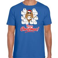 Bellatio Fout Kerst t-shirt / outfit met hamsterende kat Merry Christmas blauw voor heren