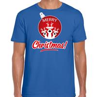 Bellatio Rendier Kerstbal shirt / Kerst t-shirt Merry Christmas blauw voor heren