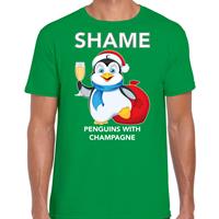 Bellatio Pinguin Kerst t-shirt / outfit Shame penguins with champagne groen voor heren