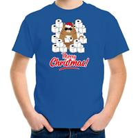 Bellatio Fout Kerst t-shirt / outfit met hamsterende kat Merry Christmas blauw voor kinderen