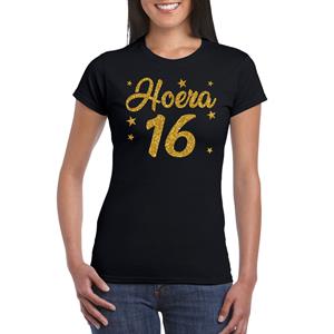 Hoera 16 jaar verjaardag cadeau t-shirt goud glitter op zwart dames -