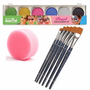 Schmink/grimeer palet van 6 glitter kleuren met penselen en kwastjes/sponsjes -