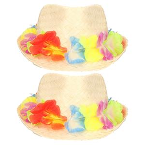 2x stuks stro verkleed hoedje met Hawaii party krans -