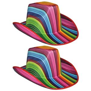 Merkloos 2x stuks gekleurde gestreepte carnaval cowboyhoed -
