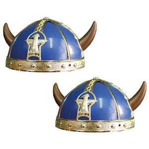 2x stuks gallier/Vikingen verkleed helm blauw met hoorns -