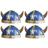 4x stuks gallier/Vikingen verkleed helm blauw met hoorns -